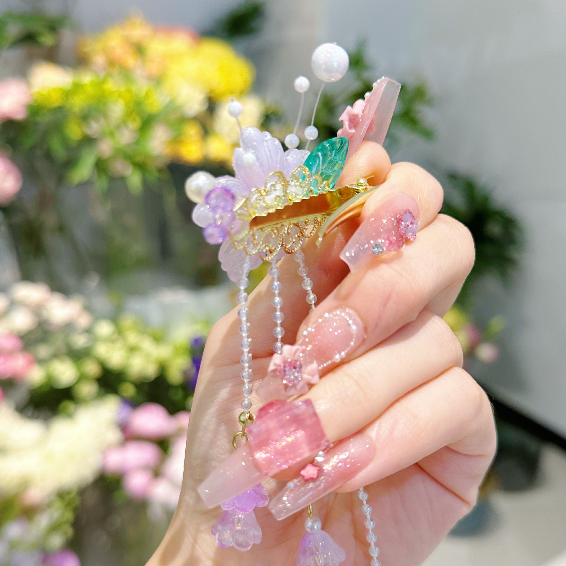 儿童发夹 国潮系列新款古风花朵蝴蝶珍珠流苏中国风琉璃对夹女孩汉服头饰详情16