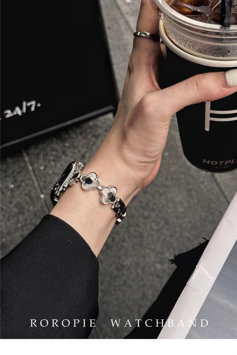 适用苹果apple watch表带Ultra2金属四叶草贝母iwtch小众s9手表链详情6