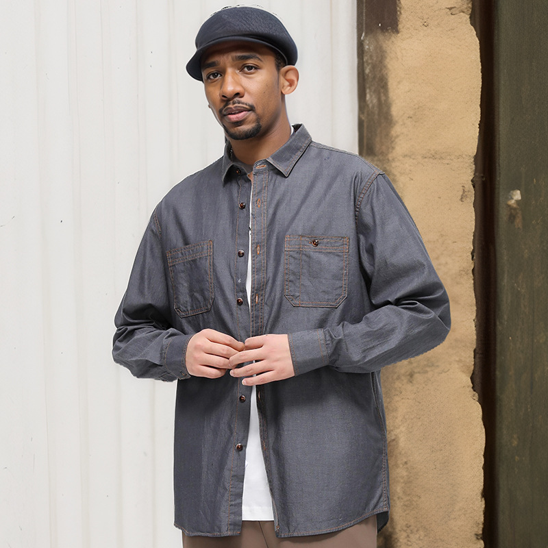 跨境美式牛仔衬衫男纯棉免烫纯色长袖男款休闲外套外贸潮流男装详情9