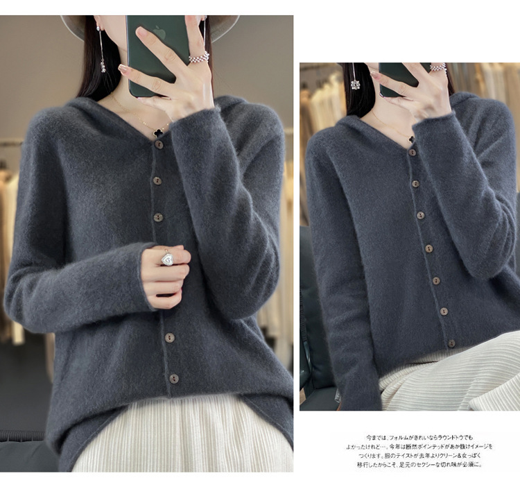 女士连帽100羊毛衫开衫百搭秋冬新款纯色一线成衣潮卫衣针织外套详情31