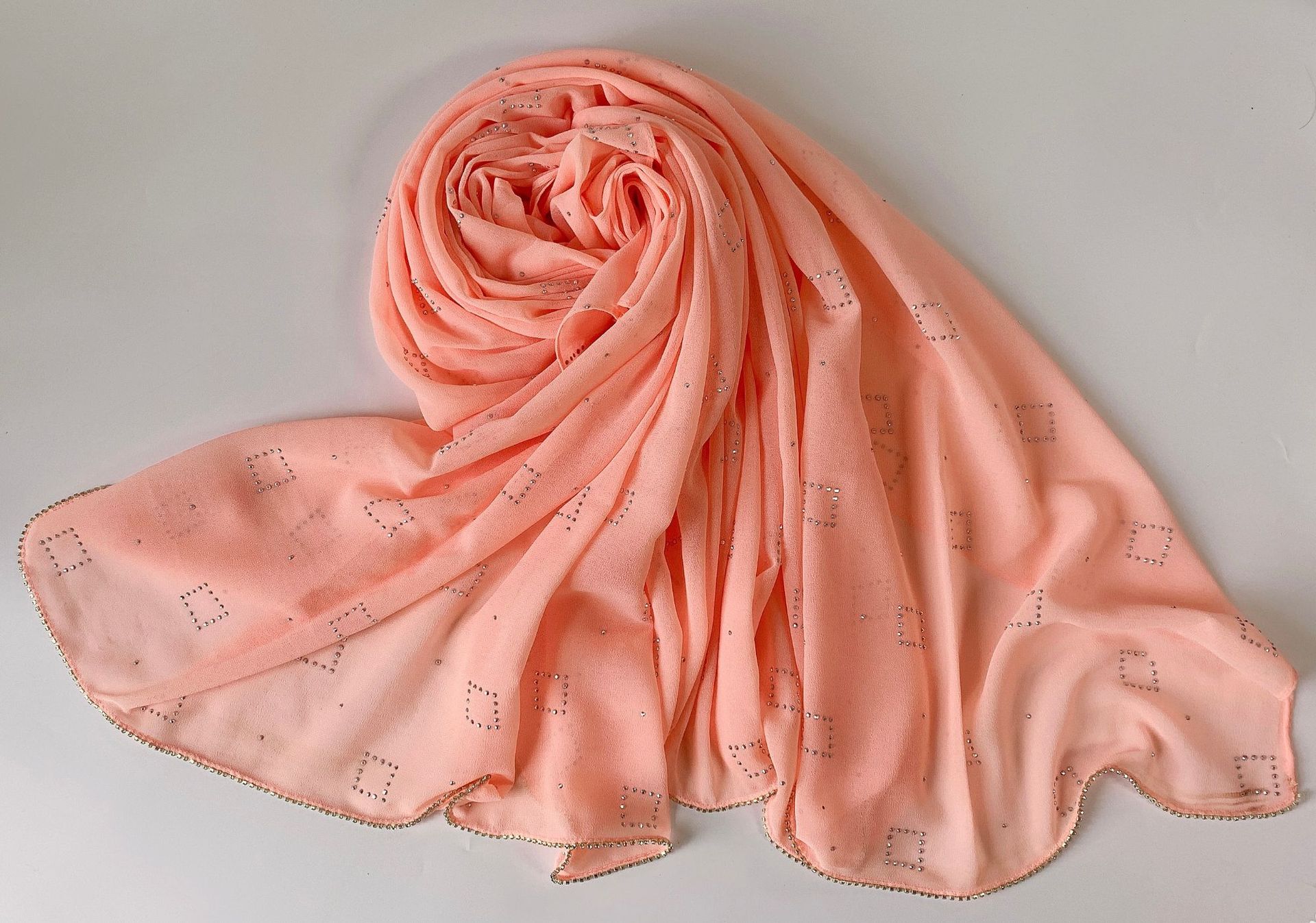 花边烫钻纯色雪纺盖头纱巾珍珠穆斯林女长巾新款详情12