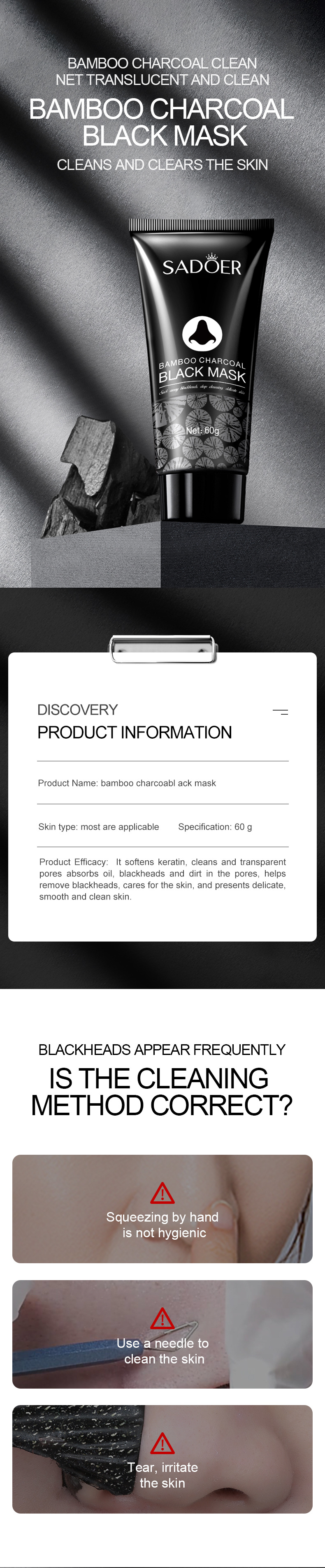 All-english bamboo charcoal blackhead nose mask patch SADOERT Zone Care 60g cross-border foreign trade skin care product wholesale pic 1