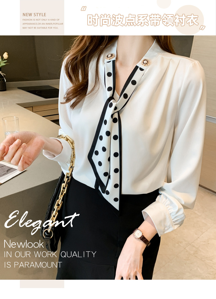 衬衫女2024秋季新款时尚气质韩版V领波点蝴蝶结系带减龄长袖上衣详情1