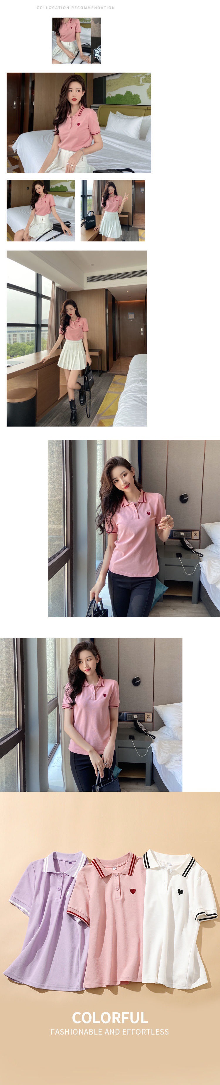 Cotton short-sleeved T-shirt for women, 2022 new style versatile loose chanel-style top, summer pink polo base layer pic 2