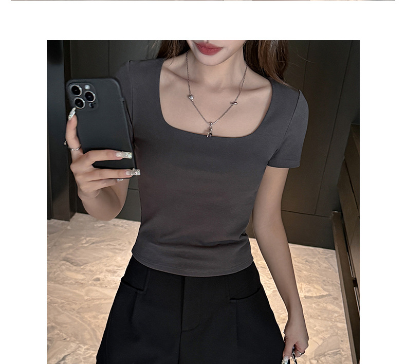 夏季纯棉方领辣妹正肩短袖t恤女式修身显瘦高级感韩系女装T恤上衣详情16