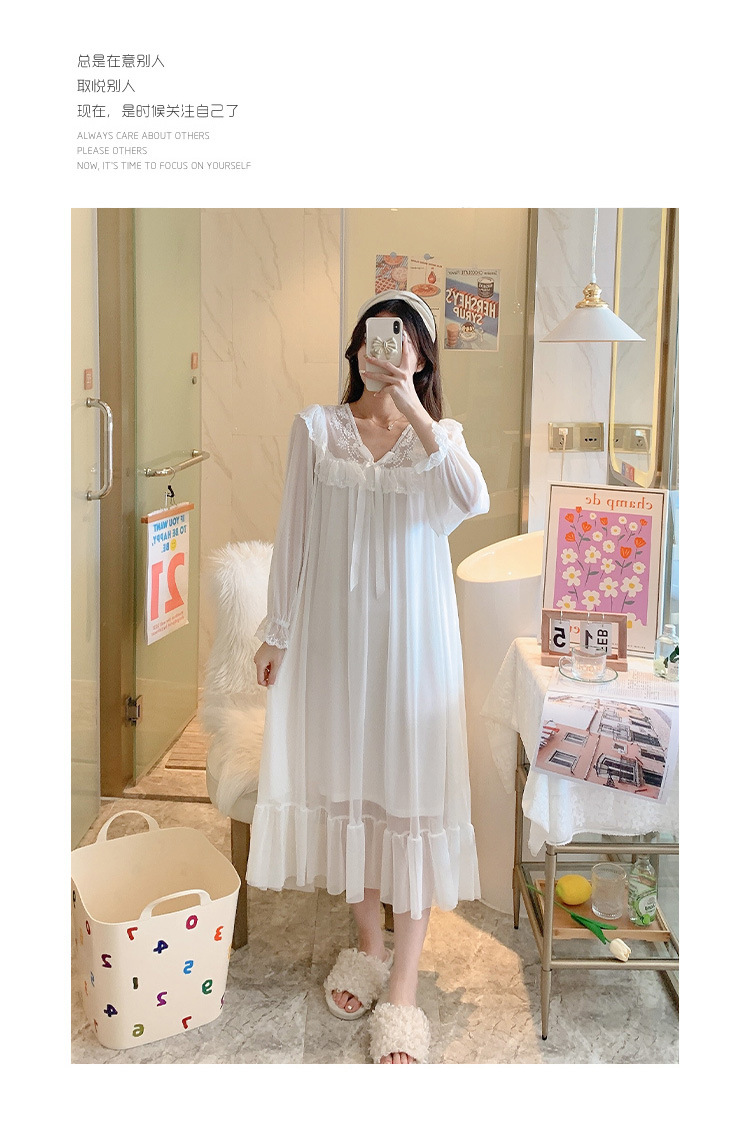 人气公主风睡裙女长袖网纱性感连衣裙长袖宫廷休闲纯棉睡衣睡裙秋详情15