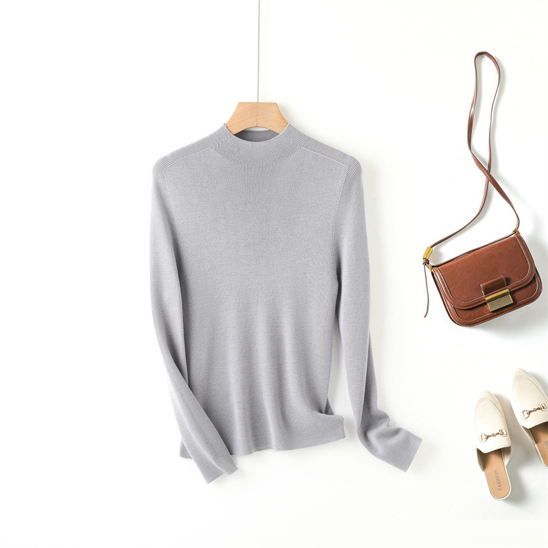 Fine-spun, machine-washable wool 100 knitted sweater design, semi-high collar, slimming, solid color autumn new wool sweater top pic 17