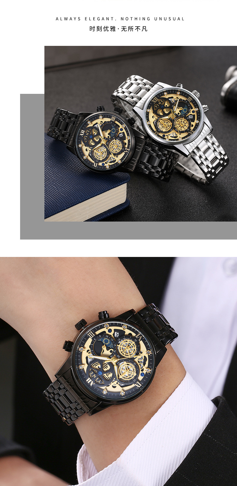 Wholesale of new brand watches, quartz watches, cross-border trade, multi-functional chronograph watches, men's skeleton waterproof pic 22