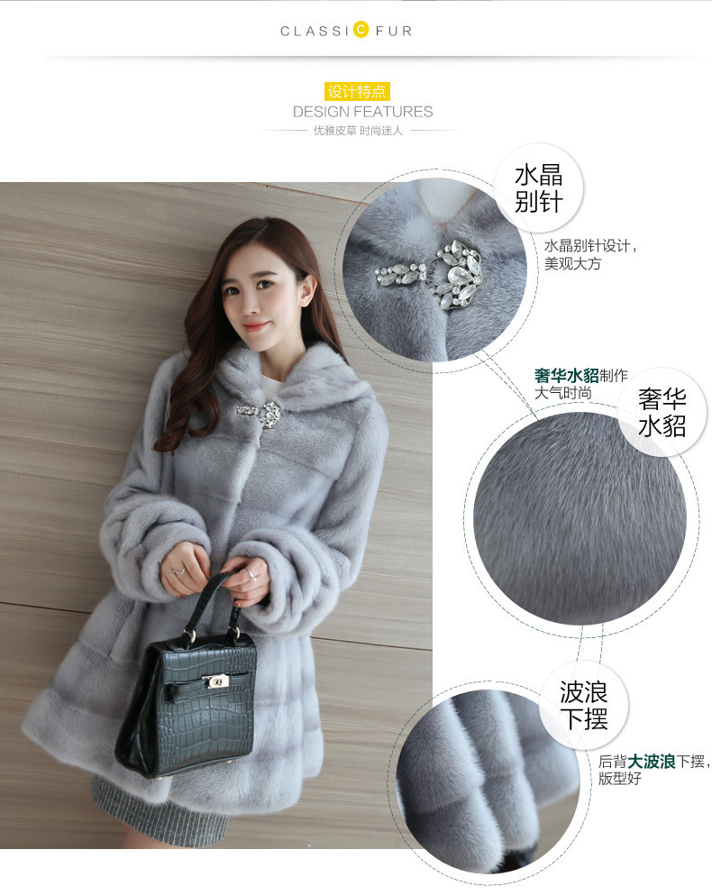 水貂皮草外套女2019冬新款 海宁中长款连帽整貂貂皮大衣详情3