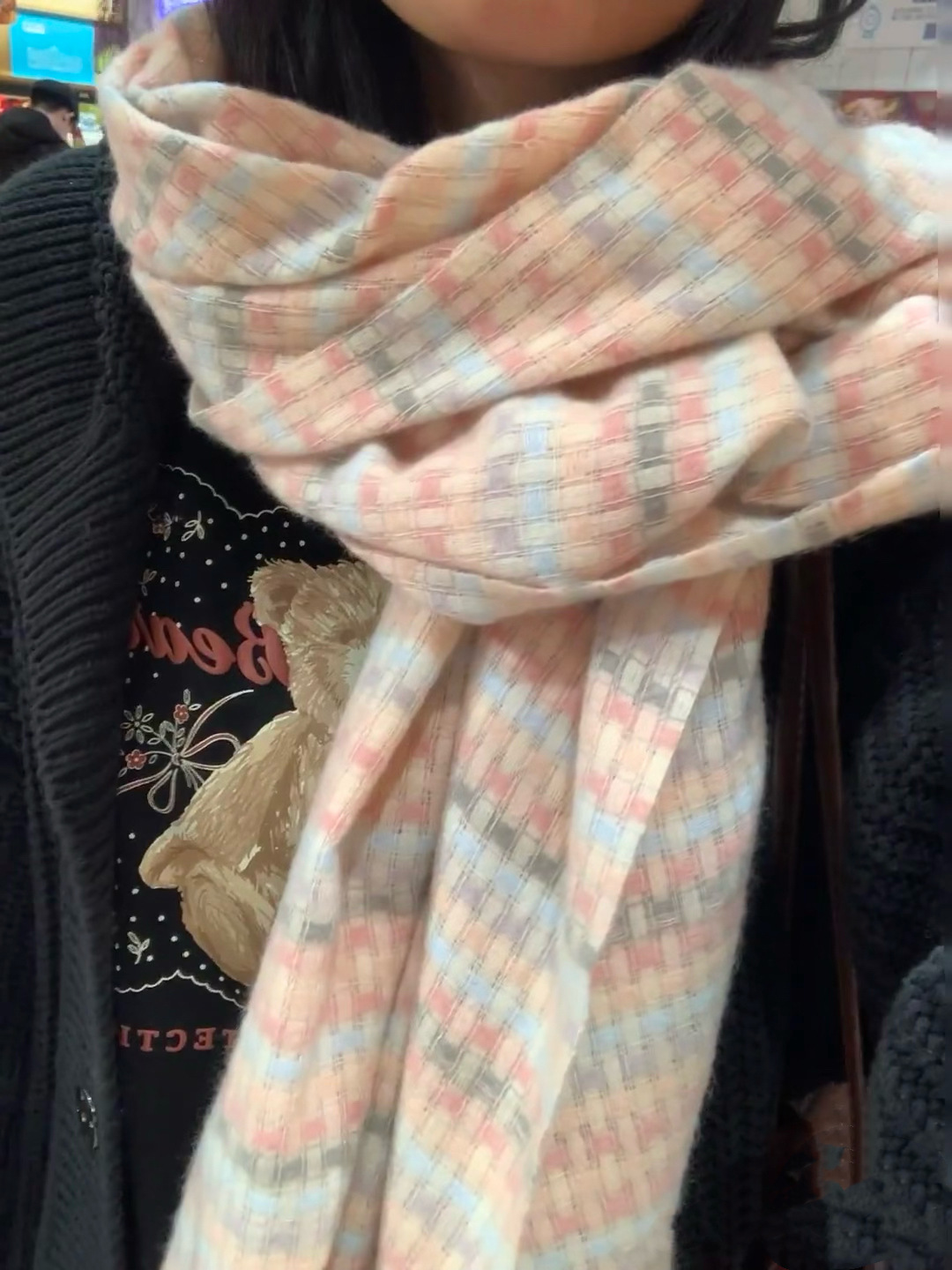 日系粉色格子围巾女冬季2024新款百搭学生可爱情侣加厚保暖围脖详情3