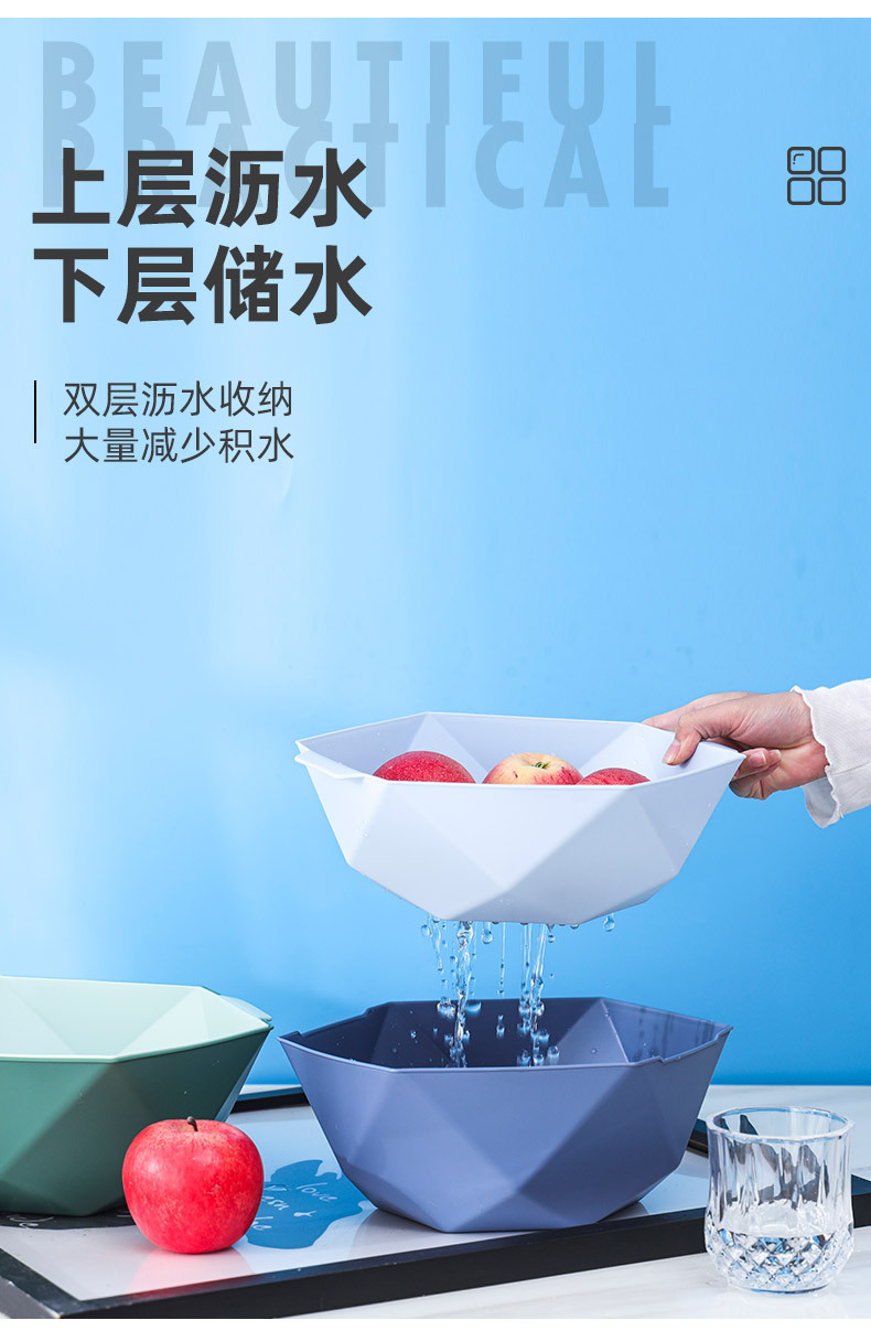 沥水篮家用滤水洗菜篮塑料多功能水果篮子厨房收纳批发双层洗菜盆详情4
