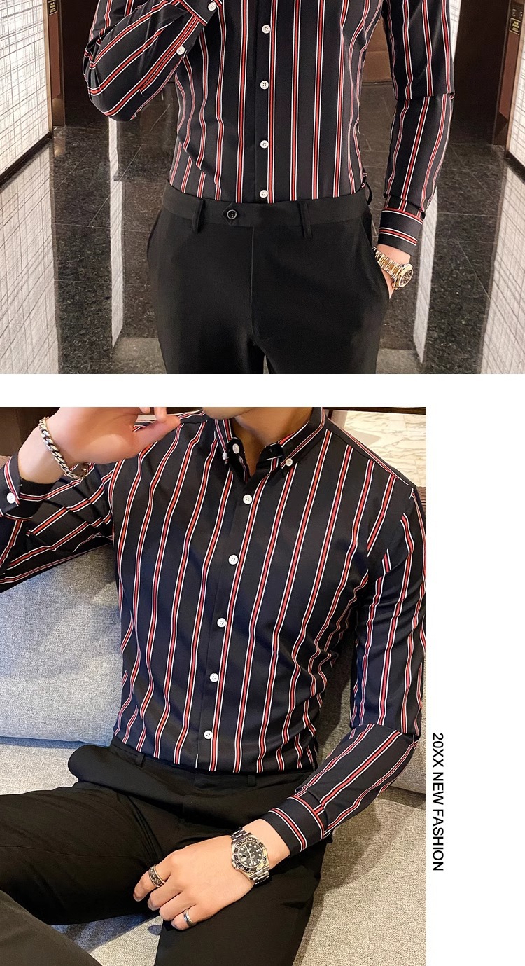 2025春季新款时尚条纹男士长袖衬衫显瘦韩版时尚修身青年帅气衬衣详情10