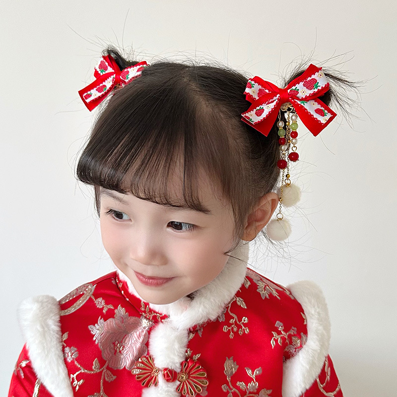 新年款红色古风流苏发夹儿童汉服发卡头饰女童复古蝴蝶结发夹发饰详情26