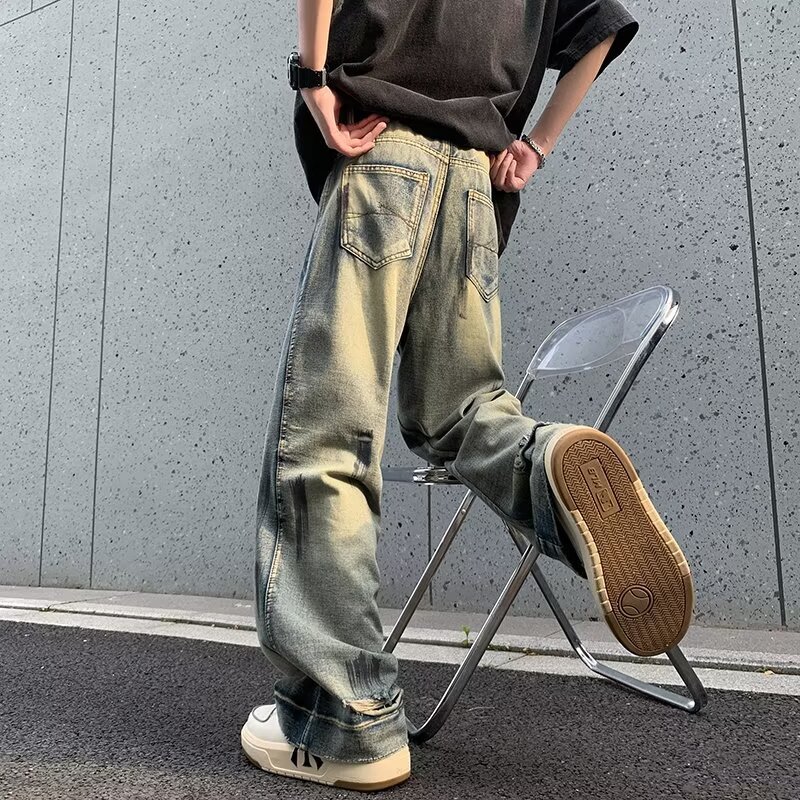 2024复古休闲做旧牛仔裤学生时尚百搭款垂感宽松阔腿拖地牛仔裤男详情12