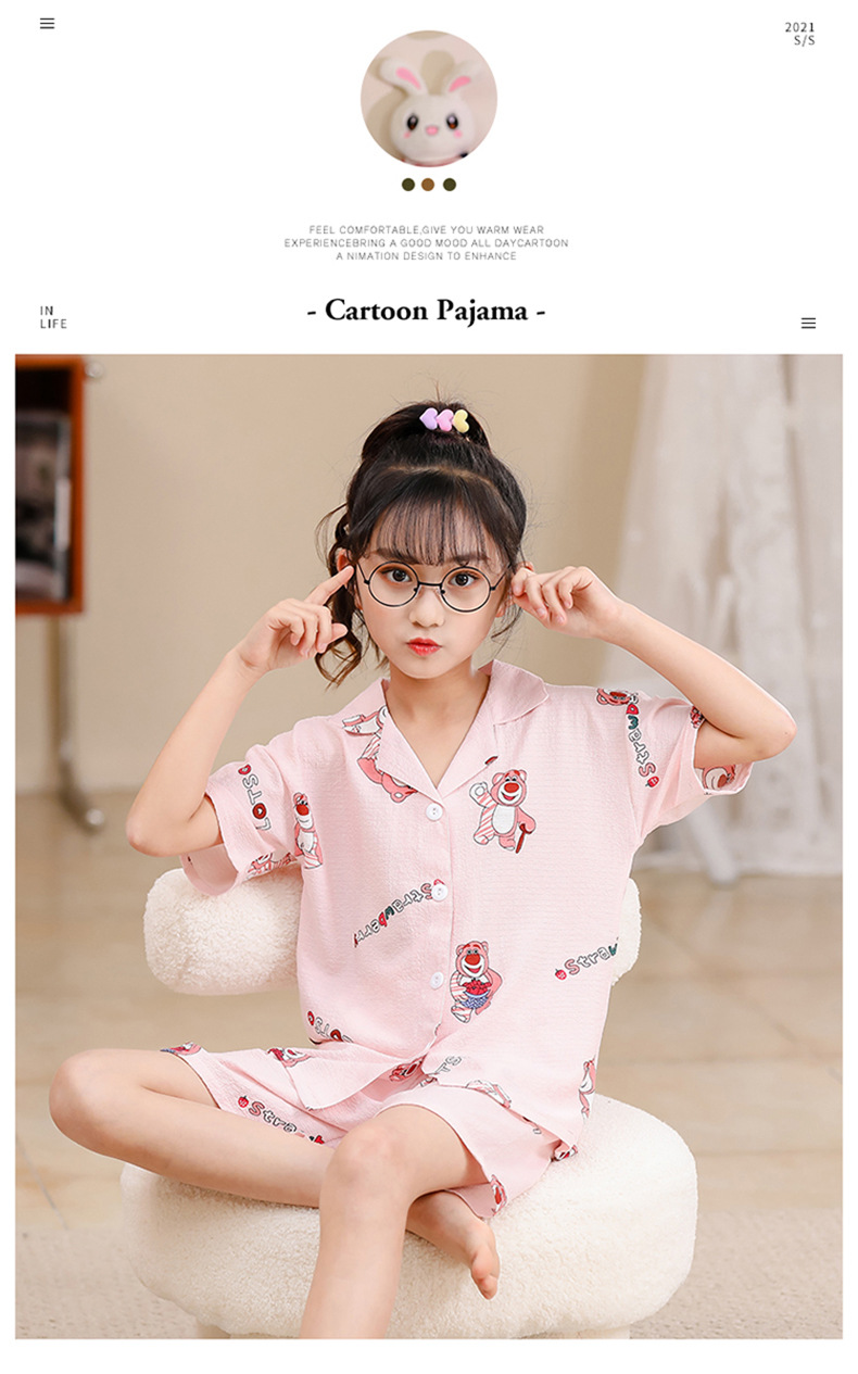 2023女童睡衣儿童夏季短袖短裤泡泡绉布套装女孩开衫大童家居服夏详情25