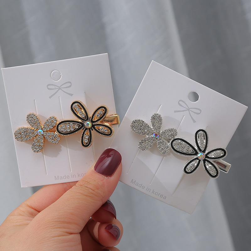 韩国黑色滴油双花水钻发夹一字发卡子网红侧边夹气质少女刘海夹详情4