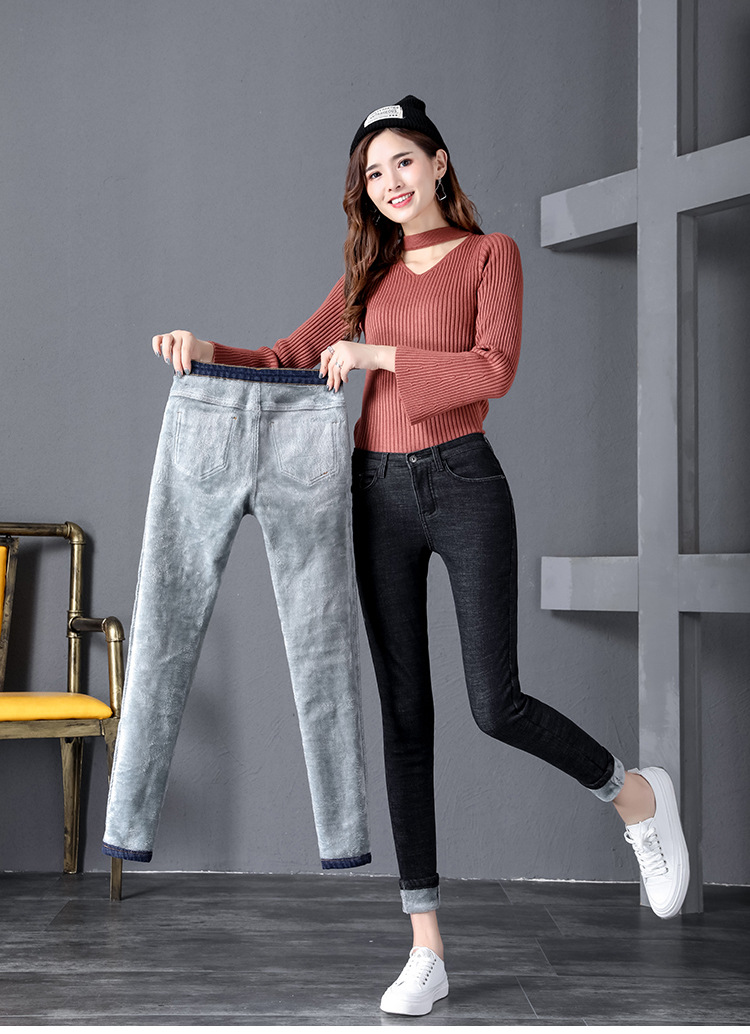 Winter fleece jeans for women, high-waisted, thick and warm Korean-style elastic slimming outerwear, small leg pants factory direct sales pic 22