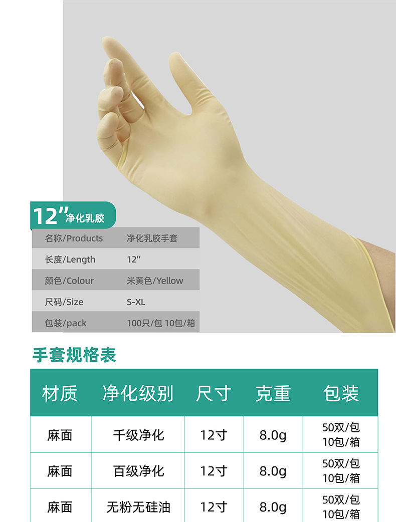 批发一次性乳胶手套加厚橡胶手套12寸工业无尘室专用净化乳胶手套详情3