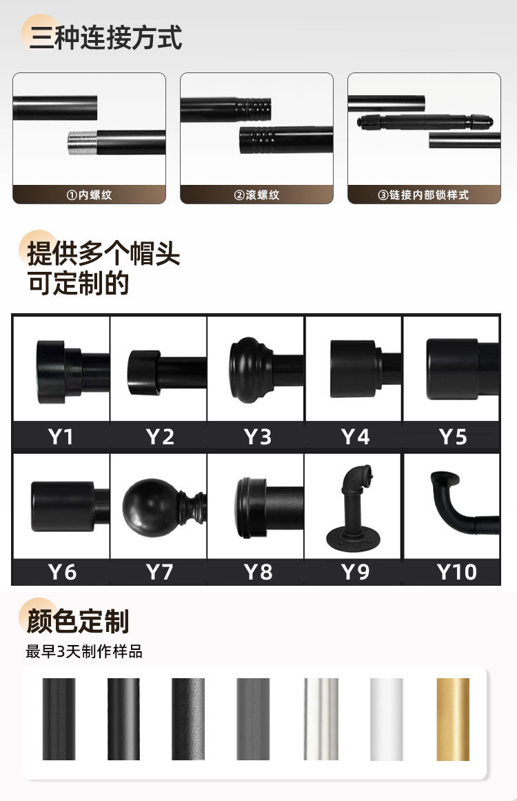 跨境窗帘杆美式单杆双杆罗马杆窗帘轨道工业风杆子打孔铝合金加厚详情4
