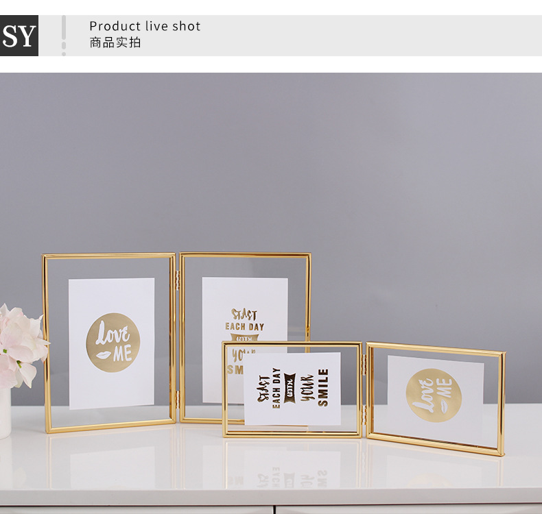 跨境货源 北欧ins折叠双联金属玻璃相框8寸植物标本摆台6寸7寸A4详情9