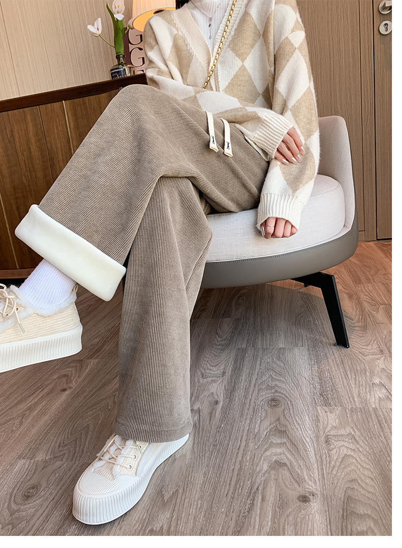 秋冬新款欧棉绒阔腿裤女高腰显瘦宽松抽绳百搭直筒垂感口袋休闲裤详情23