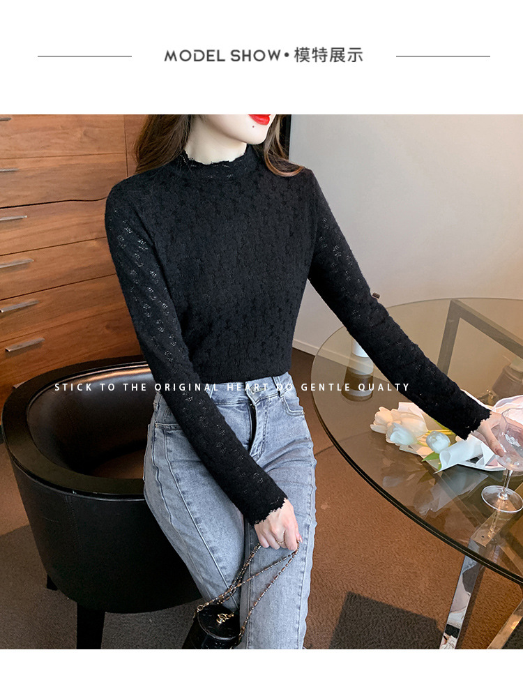 A stylish and youthful 2023 autumn collection, paired with a semi-high-neck top, long-sleeved small stand-up collar, and a youthful lace base layer for women pic 7