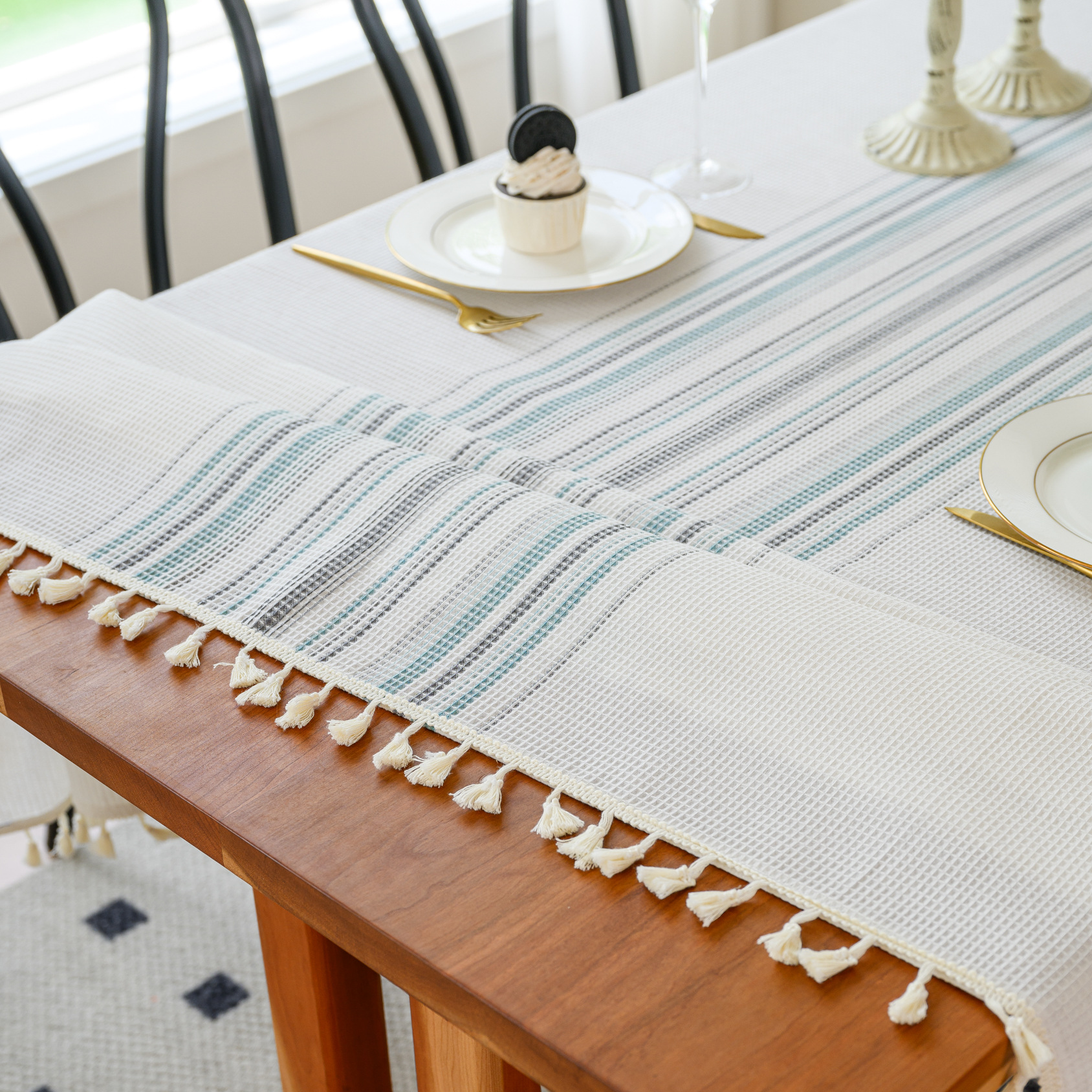 Wholesale of American-style country solid-color household rectangular table fabric, soft and breathable waffle striped coffee table cover fabric pic 29