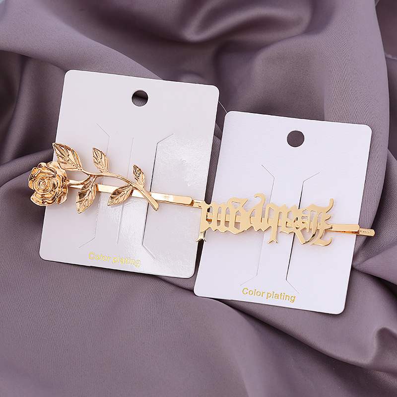 Fashionable hairpin, Gothic, European and American style, golden rose one-line fringe, seaside clip, high street retro artistic style letter hair accessory pic 3