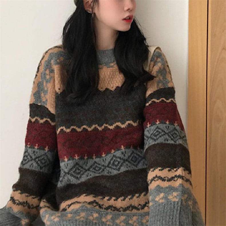 2023秋季新款复古休闲百搭慵懒风套头圆领针织毛衣女撞色针织上衣详情8