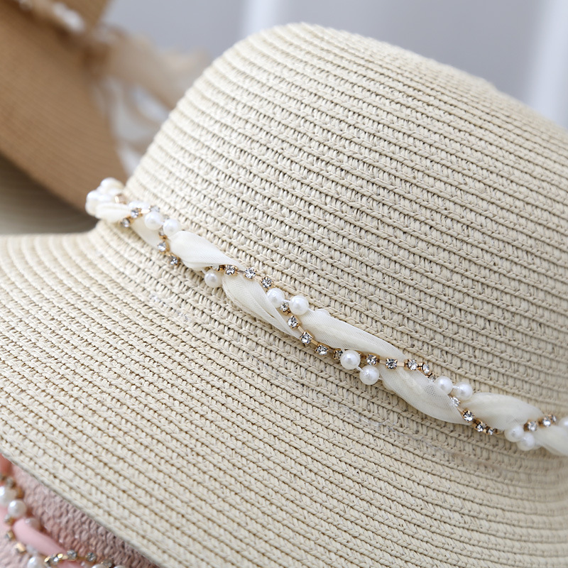 Sombrero de playa de encaje francés con correa de cola grande sombrero de playa paseo marítimo sombrero de paja mujer protección solar versátil moda strass sombrero de pescador pic 12