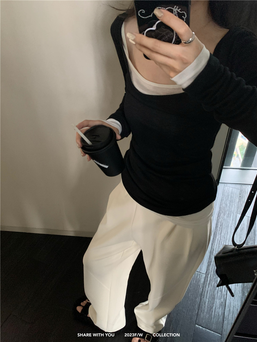 基础款纯色简约百搭舒适慵懒风薄款上衣U领打底衫内搭长袖t恤女详情32