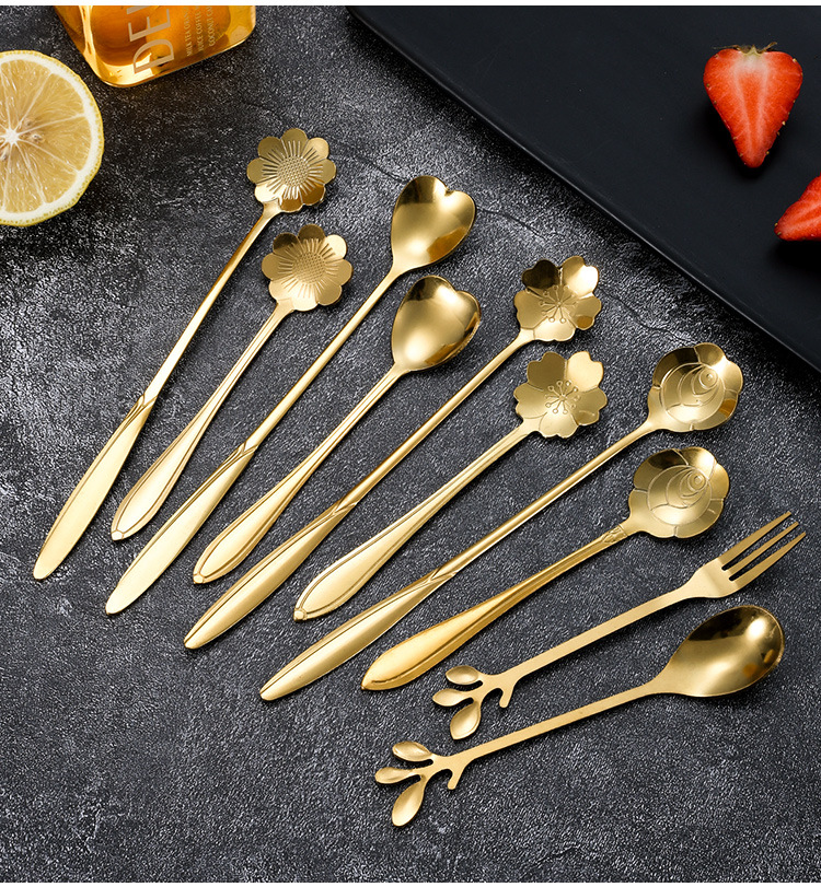 Wholesale stainless steel spoons, coffee spoons, tableware, dessert spoons, household seasoning spoons, golden cherry blossom spoons, mixing spoons, gifts pic 14