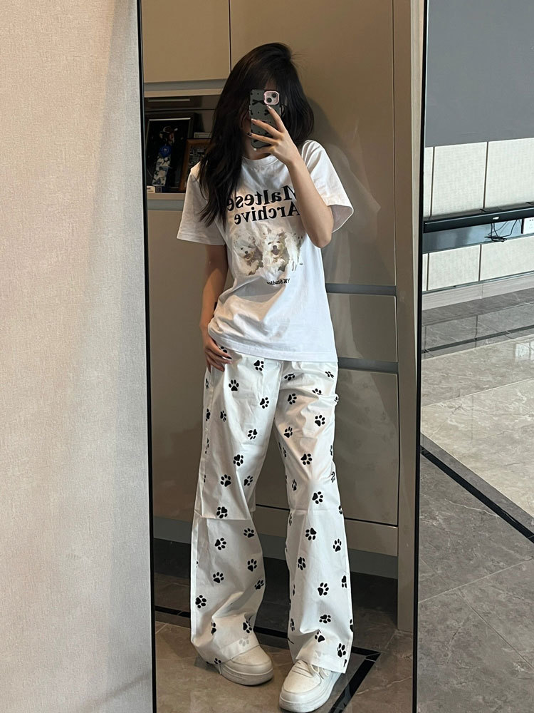 可爱狗脚印白色休闲裤子女夏季2024新款小个子宽松直筒百搭阔腿裤详情2