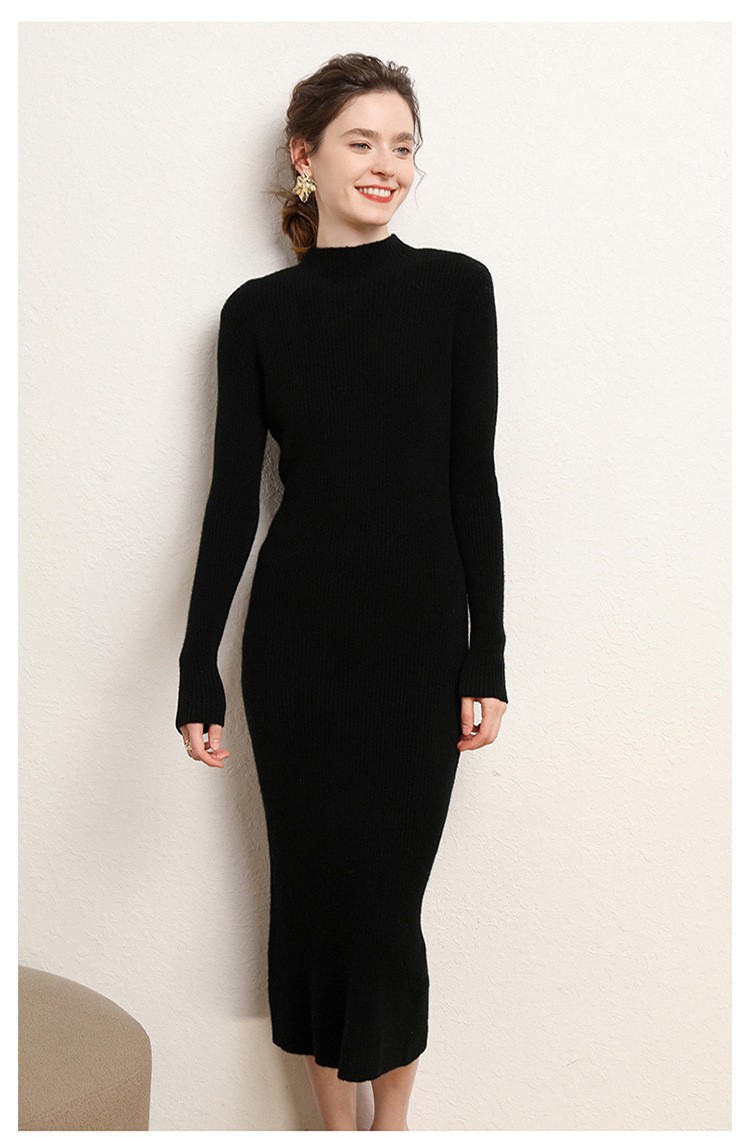Early autumn semi-high-neck wool dress for women, mid-length sweater, knee-length cashmere knitted body-hugging skirt, long skirt as a base layer pic 33