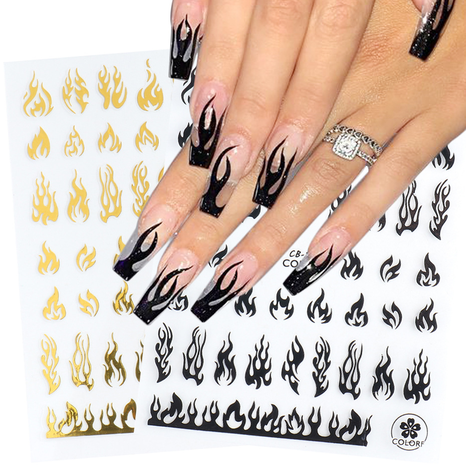 Cross-border new nail stickers, Instagram black, white, gold and silver flame self-adhesive stickers CB series nail stickers nail shanilak pic 2