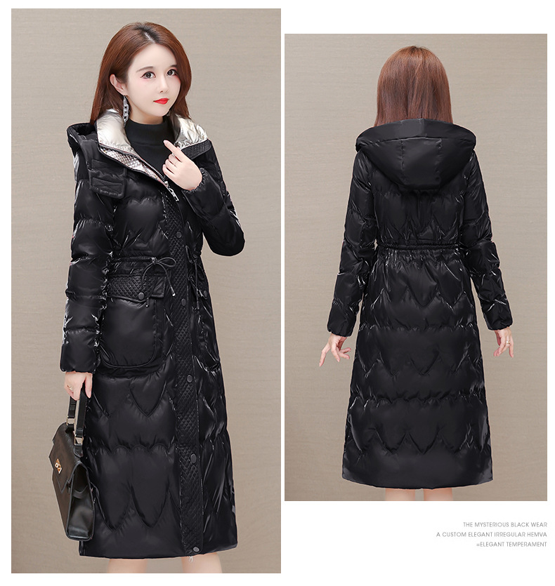 Estilo elegante con capucha nueva chaqueta para mujeres invierno 2022 temperamento con cordones slim estilo medio largo abrigo para mujeres pic 18