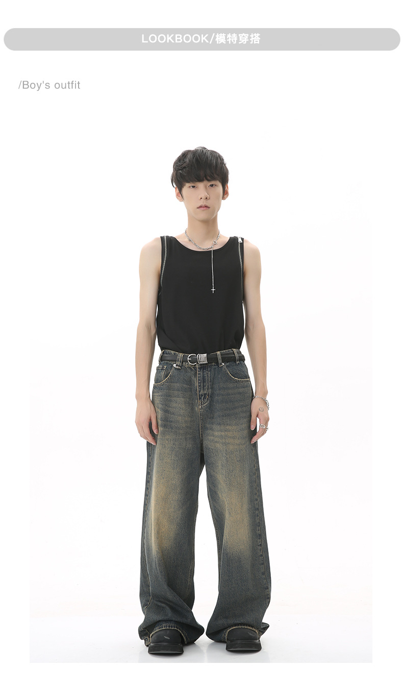 MTLCLOTHES男装|2023四季款新品复古港风做旧宽松阔腿拖地牛仔裤详情7