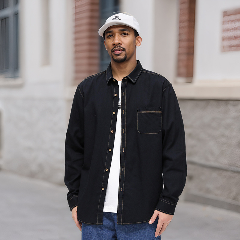 跨境美式牛仔衬衫男纯棉免烫纯色长袖男款休闲外套外贸潮流男装详情11