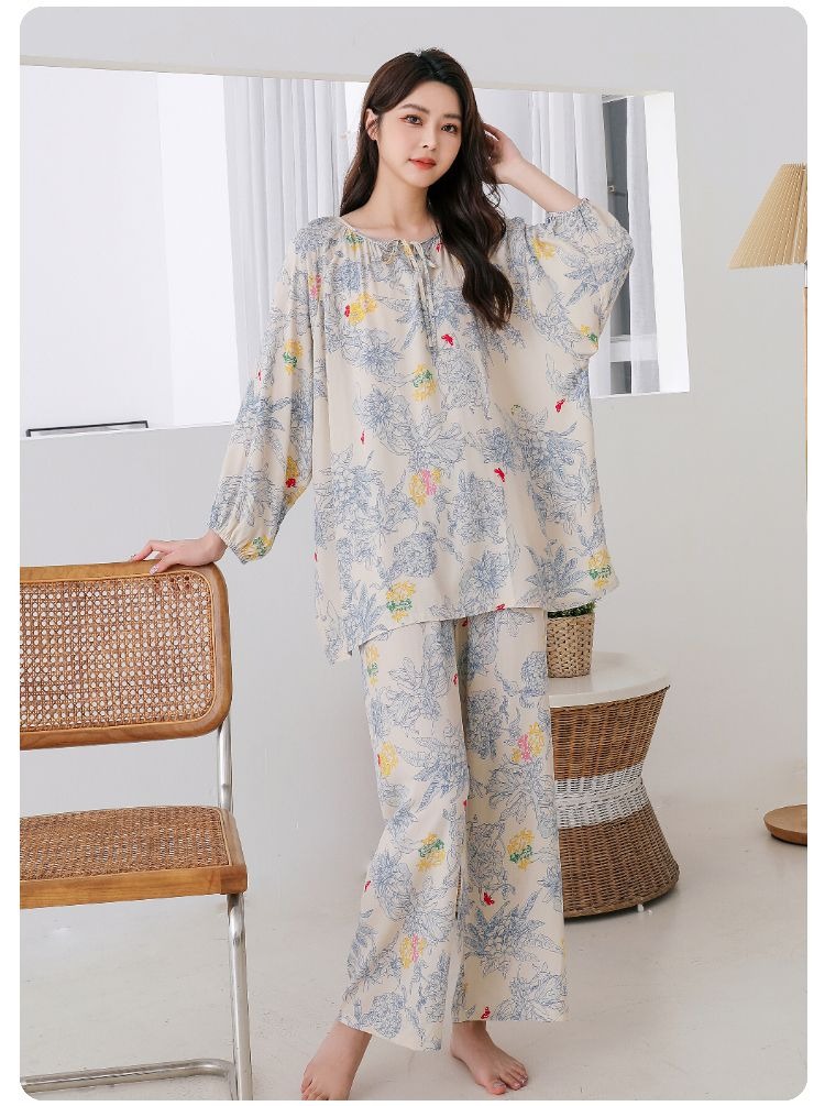 40支棉绸睡衣女士宽松国风灯笼袖高级感人棉长袖长裤家居服套装详情15