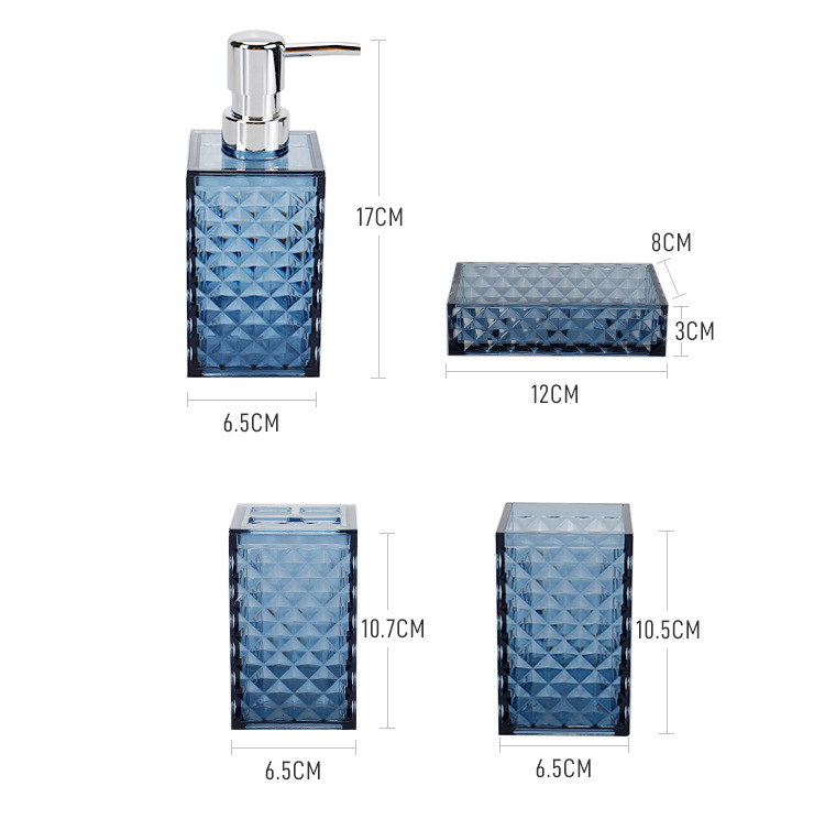 Wholesale of bathroom plastic four-piece set with transparent diamond-shaped checkered pattern from the manufacturer. Four-piece set of washbasin, bathroom mouthwash brush and toothbrush holder pic 5
