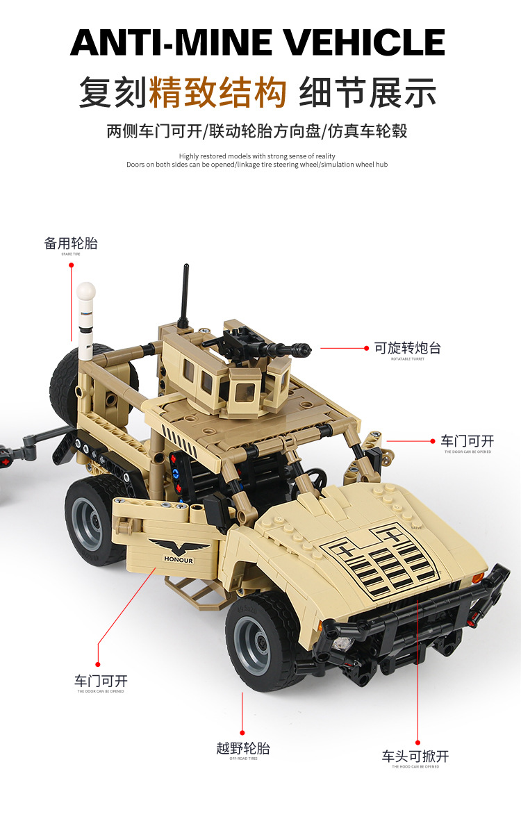 M-ATV anti-mine armored vehicle, Military 890 building block tank, realistic model, small particle assembly, boy toy worker pic 5