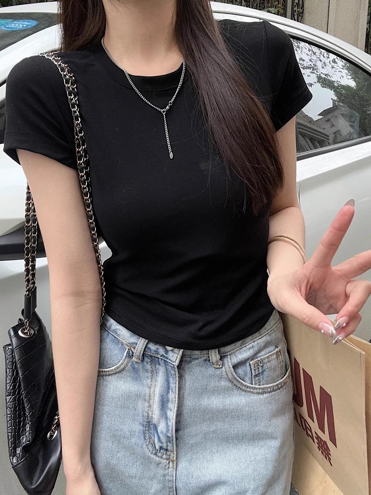 白色短袖打底衫内搭t恤女2024夏季新款显瘦修身辣妹短款正肩上衣详情21