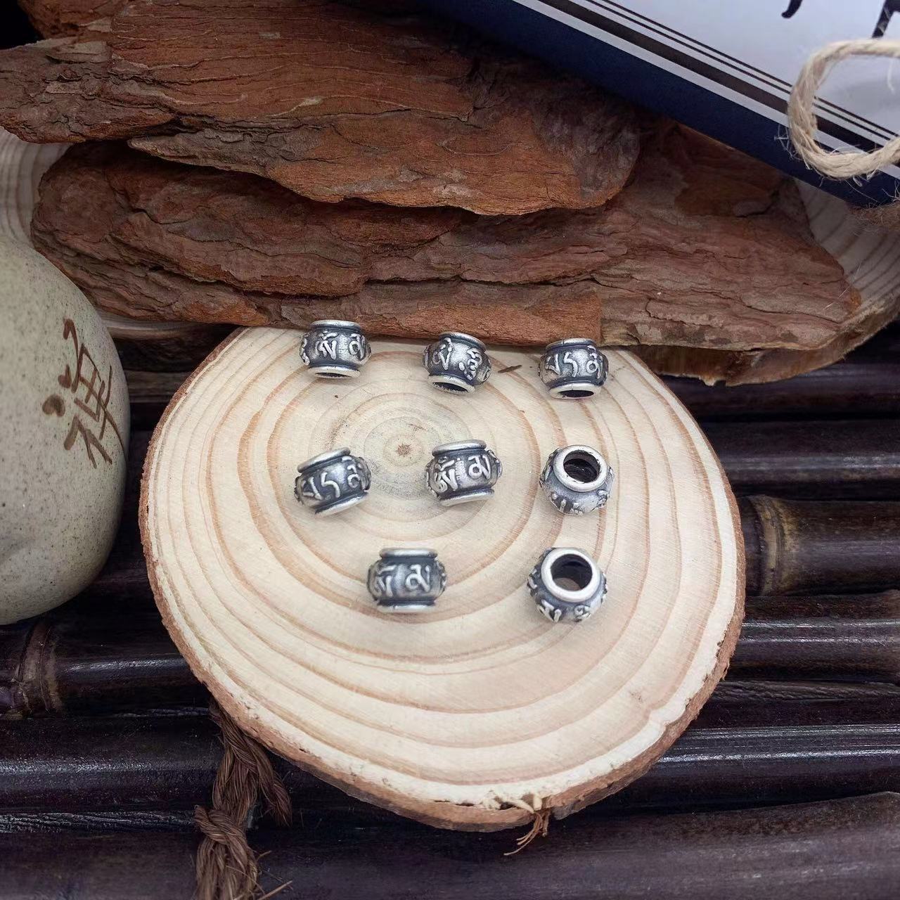 S999足银复古3D硬银隔珠横穿银饰配件六字真言手工DIY编绳配件详情11