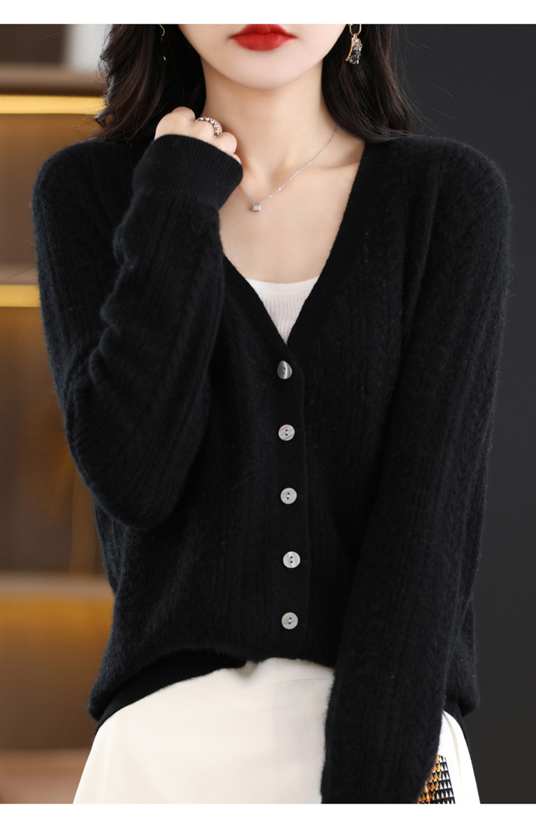 绒狼2023秋冬新款女士V领羊毛针织麻花开衫宽松长袖短款外套女详情31