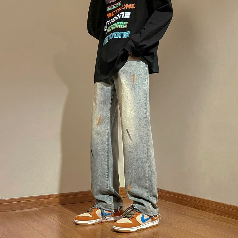 泼墨牛仔裤男款春秋美式复古毛边直筒裤潮流宽松小众百搭休闲长裤详情6