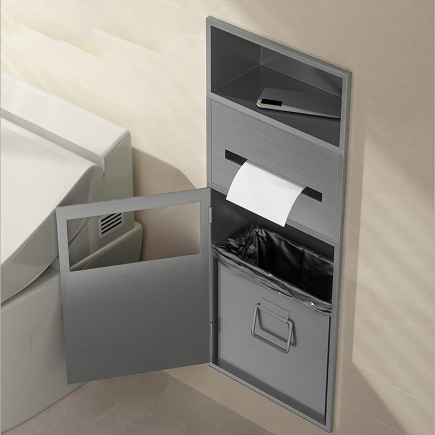 304不锈钢壁龛嵌入式卫生间垃圾桶壁龛浴室金属分层隔板柜置物柜详情1