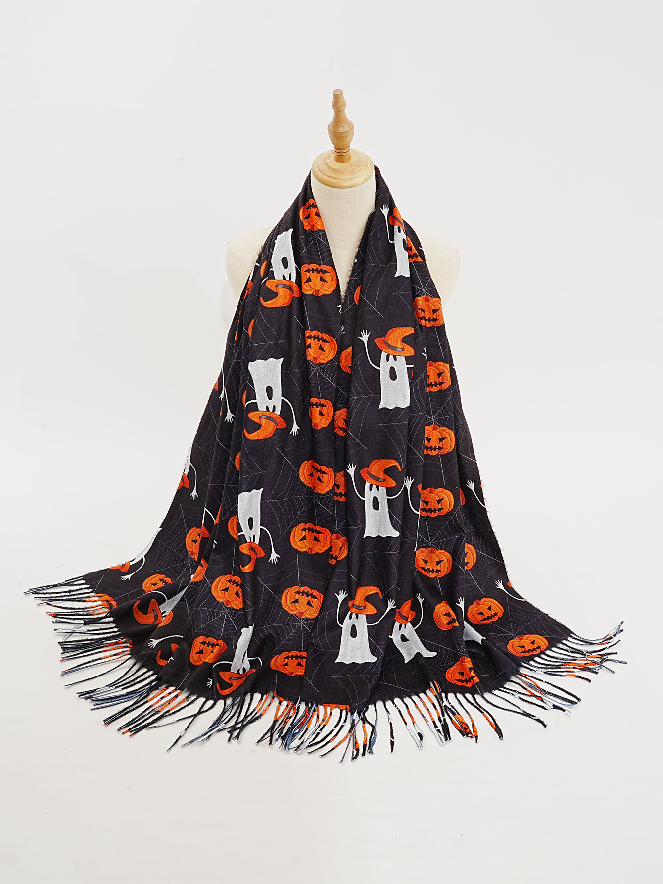 New faux cashmere black Halloween ghost pumpkin digital print scarf Magic Awakening Wizard hat set pic 2