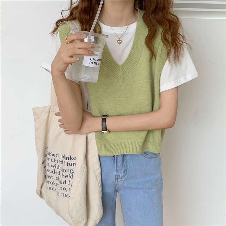 新款春秋女装洋气宽松显瘦V领毛衣外穿鹅黄色针织马甲背心详情7