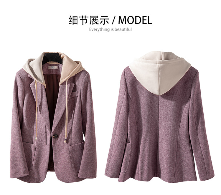 休闲假两件连帽西装外套女式春秋新款韩版高级格纹设计感西服上衣详情22