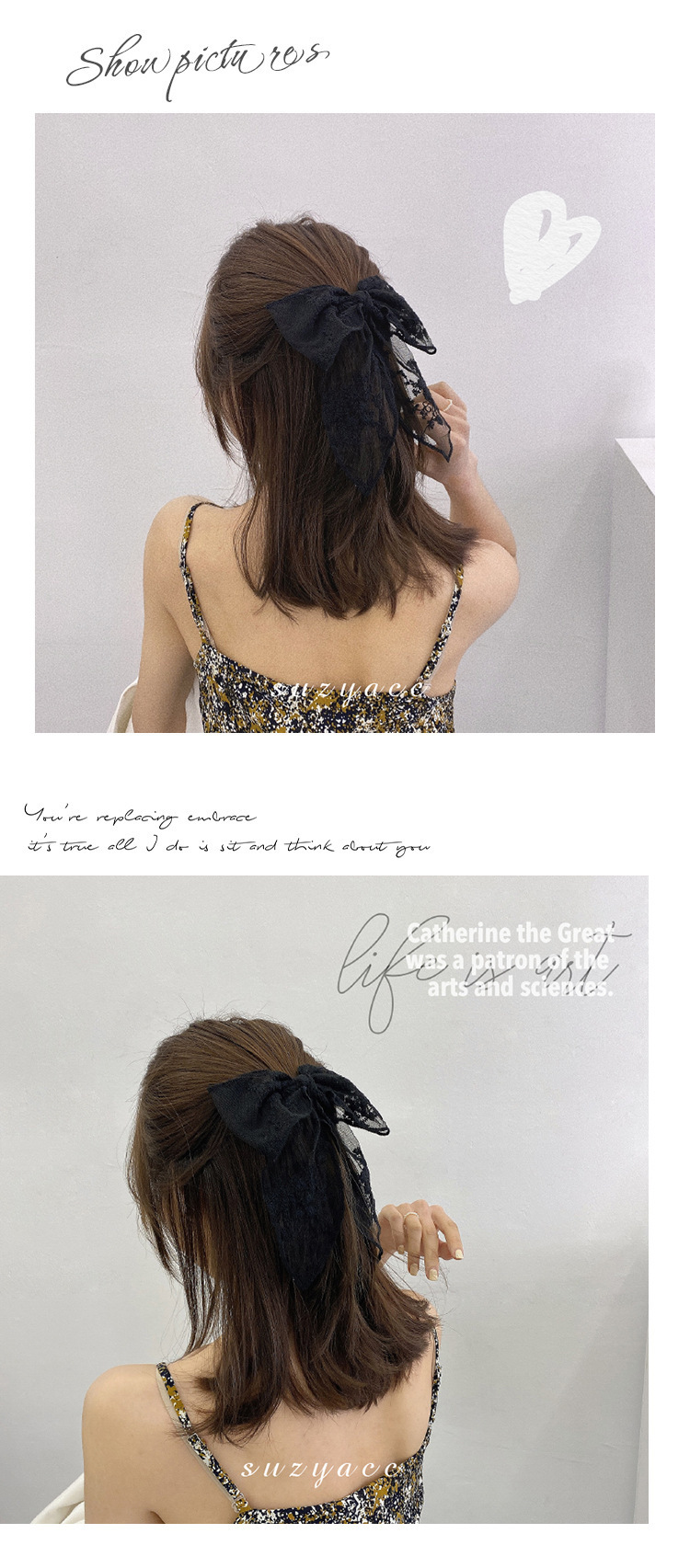 Big bow leather band hair tie, Korean sweet and cute ribbon lace fabric hair band headband, fresh and light forest girl style pic 4